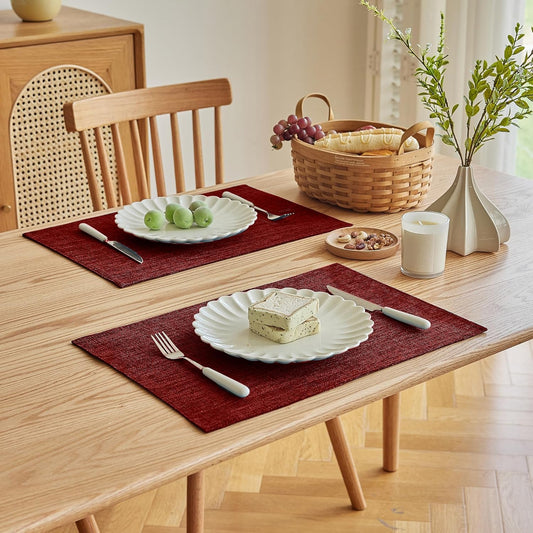 Softalker Faux Linen Placemats Set of 8-12 x 18 Inch, Heat Resistant Double Layered Durable Burlap Farmhouse Place Mats, Non-Slip Washable Rustic Table Mats for Dining, Kitchen, Party(Red