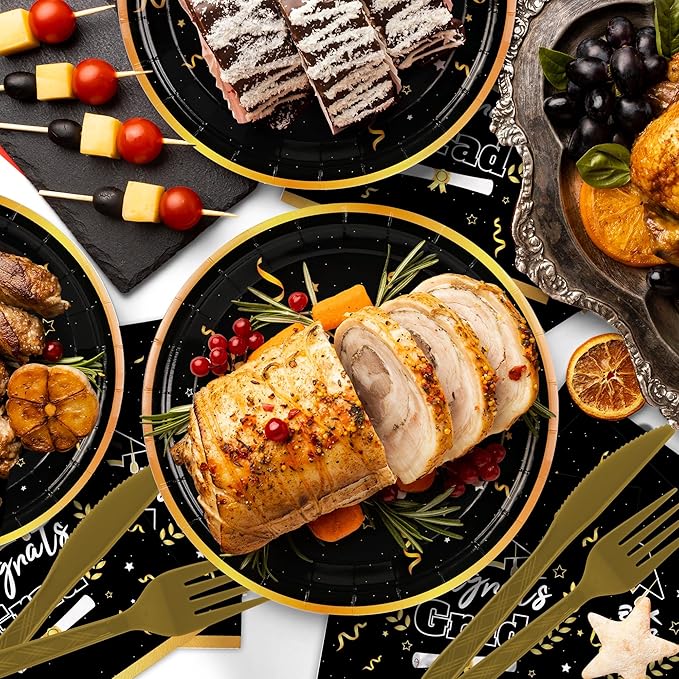 147 Pcs Graduation Party Supplies 2026 for 24 Guests | Black & Gold Disposable Tableware Set with Plates, Cups, Cutlery & Tablecloth