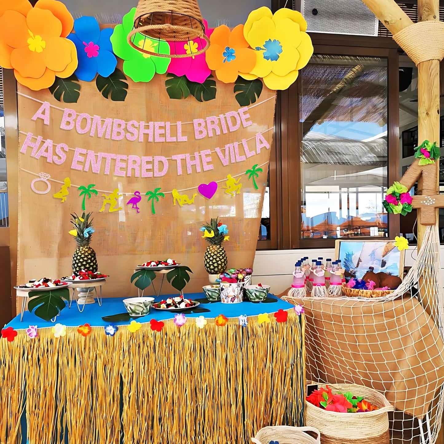 A Bombshell Bride Has Entered The Villa Banner Palm Tree Ring Mylar Balloon for Love Island Themed Bachelorette Party Decorations