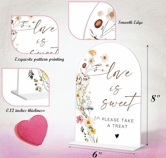 Love Is Sweet Sign for Dessert Table, Flower Style Bridal Shower Sign for Wedding, Engagement and Reception, Dessert Table Decorations, Wedding Shower Favors, 6X8 Inch Acrylic Arch Sign with Stand,16