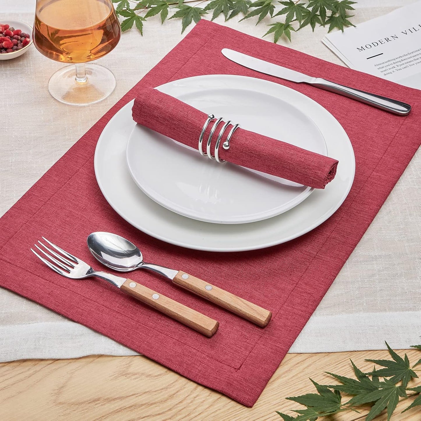 Mebakuk Cloth Placemats, Machine Washable Linen Style Thick Place Mats, Heat Resistant and Easy to Clean Fabric Table Mats for Kitchen Dining Table (Wine Red, Set of 6)