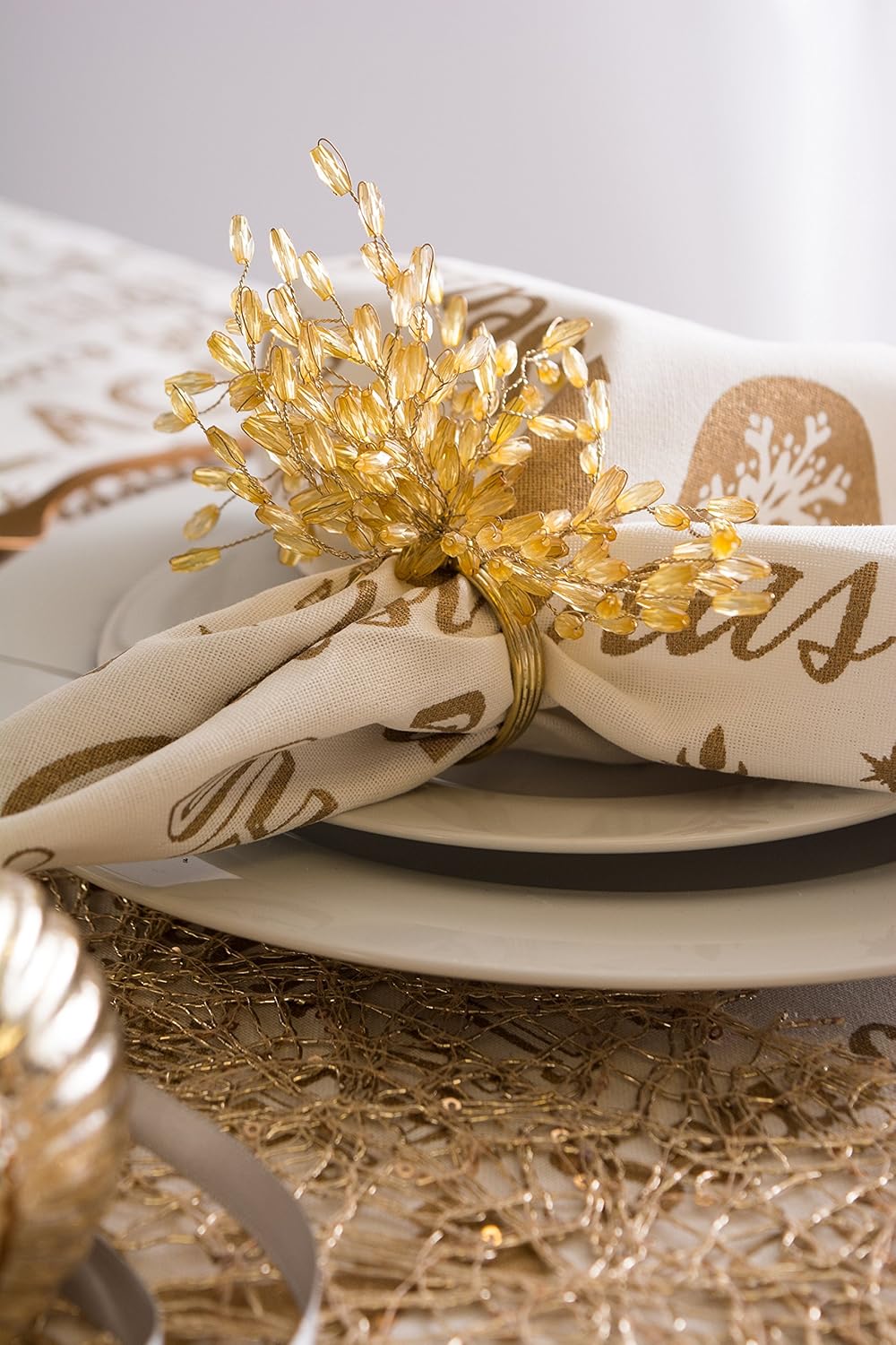 DII Christmas Thanksgiving Holiday Tabletop Décor Collection Decorative Napkin Ring Holder Set, 4" Diameter, Gold Beaded Starburst, 6 Piece