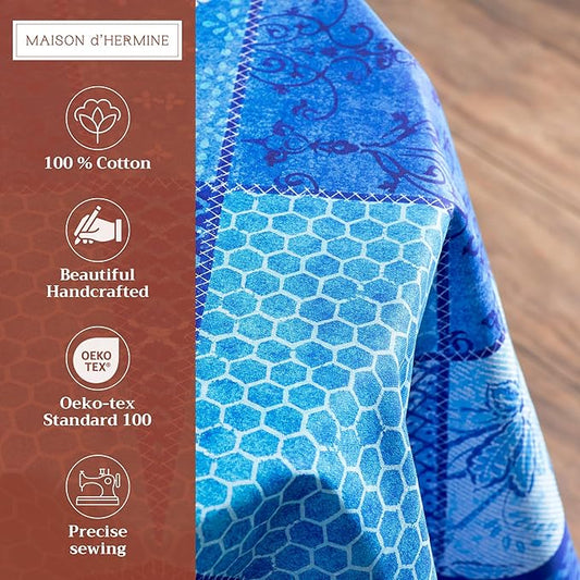 Maison d' Hermine Table Cloth Round Table 100% Cotton 69 Round Inches Tablecloth Reusable Decorative for Dining Room Farmhouse Home Valentines Day Decorations Spring Summer - Indigo Love