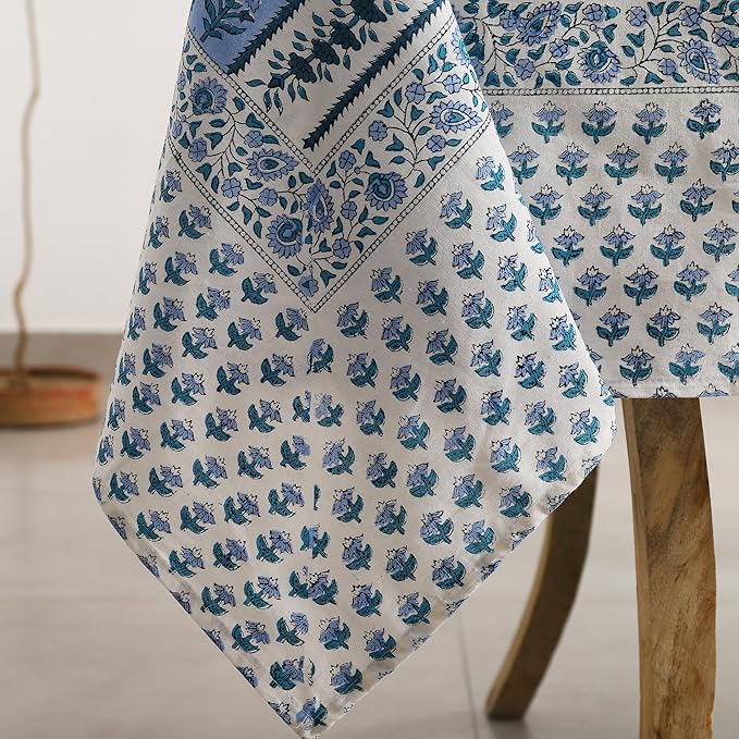 Labhanshi Blue Indian Handblock Print Floral Cotton Rectangle 72x135 Inch 10-Seater Dining Tablecloth|Fade-Resistant Spring Easter Picnic Outdoor Camping Festive Holiday Table Cover|Blue