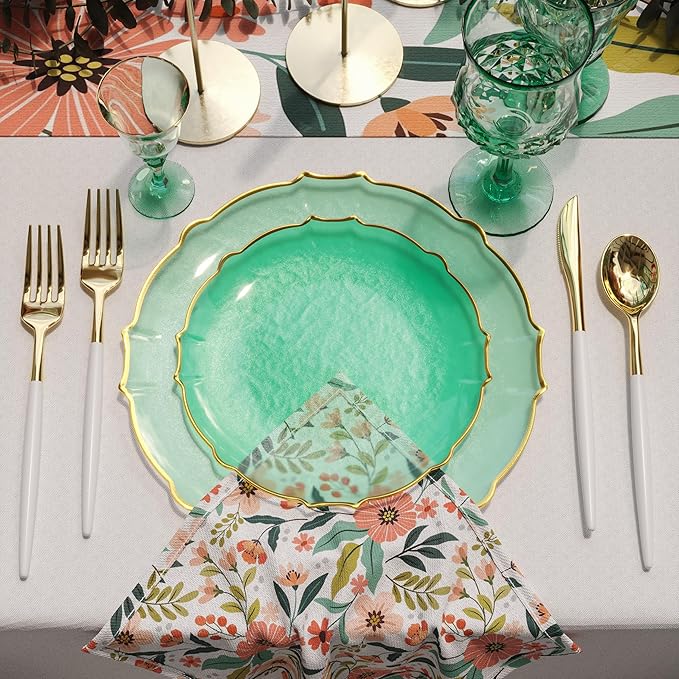 Mint & Gold Rim Disposable Party Plates 40pc – Fancy Plastic Dinnerware Set for 20 Guests | Dessert & Dinner