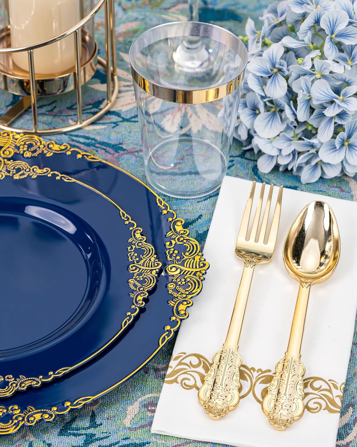 Nervure 175PCS Blue Plastic Plates - Blue Gold Plastic Dinnerware Set Disposable Include 50 Plates for Dinner and Dessert, 25Knives, 25Spoons, 25Forks, 25Cups, 25Napkins for Weddings & 4th of July