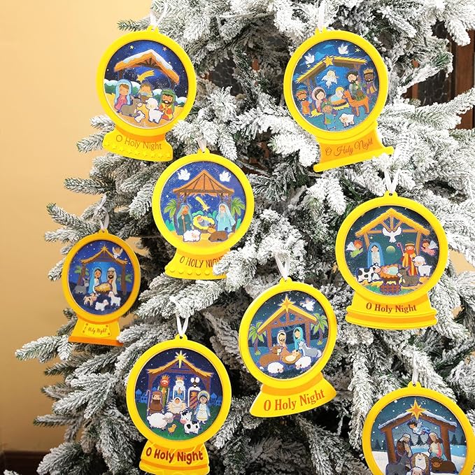 Frienda 48 Set Christmas Shaking Nativity Snow Globe Craft Kit Make a Jesus Birth Snowglobe Stickers Ornament Bulk with Glitter Sequins Papers for Xmas Tree Decor Religious Classroom Game Activities