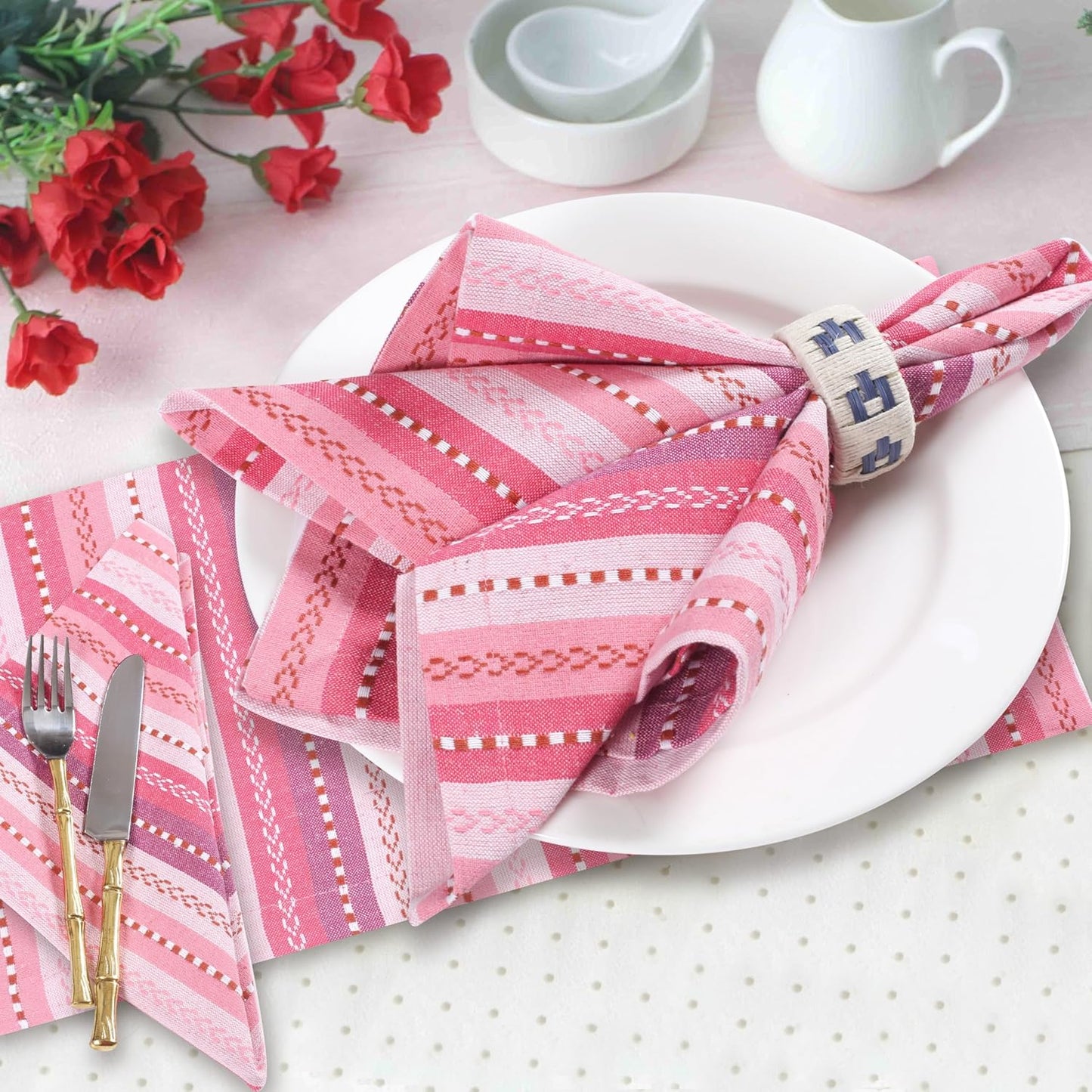 Homidate Cotton Cloth Dinner Napkins Set of 12 – 18x18 Pink Multi Salsa Stripe – Reusable Machine Washable Fabric Napkins for Weddings, Parties, Kitchen & Everyday Dining