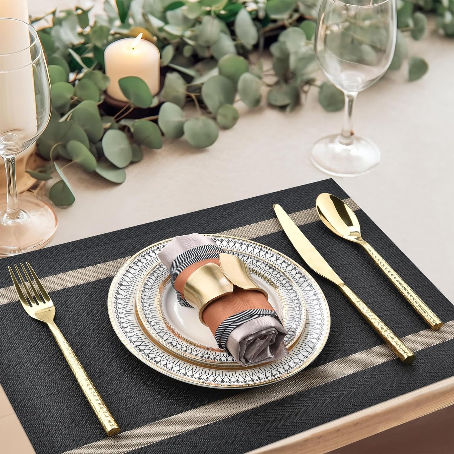 SLKQG Black Placemats Set of 8 - Easy Clean Modern Durable Washable Vinyl Place Mats - Heat Resistant Placemats for Kitchen Table - PVC Table Mats for Dining Table (Black with Stripes, 8)
