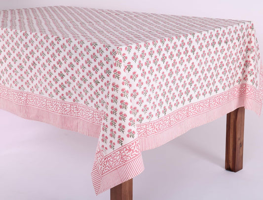 ATOSII Gulbahar White Pink 100% Cotton Fall Rectangle Tablecloth, Hand Block Print Washable Table Cover, Christmas Parties Buffet Dining, Weddings, Thanksgiving, Halloween, 60 X 90 Inches, 6 Seater