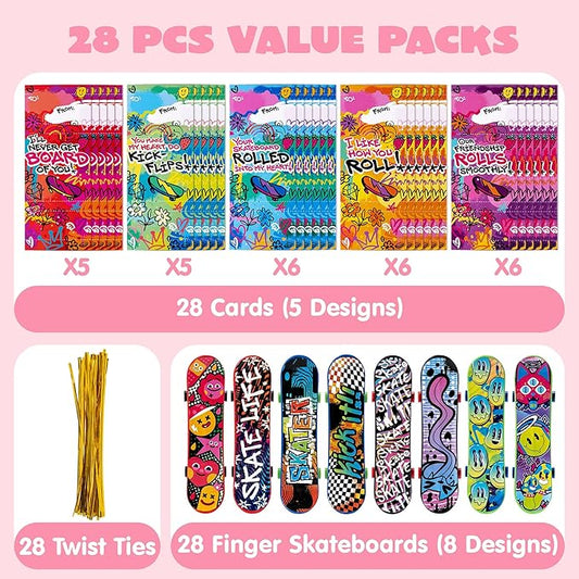 JOYIN 28 Pcs Valentines Day Finger Skateboards with Cards for Kids, Valentine Party Favor, Greeting Cards, Classroom Exchange Prizes, Holiday Reward Gifts, Finger Skateboard Toys
