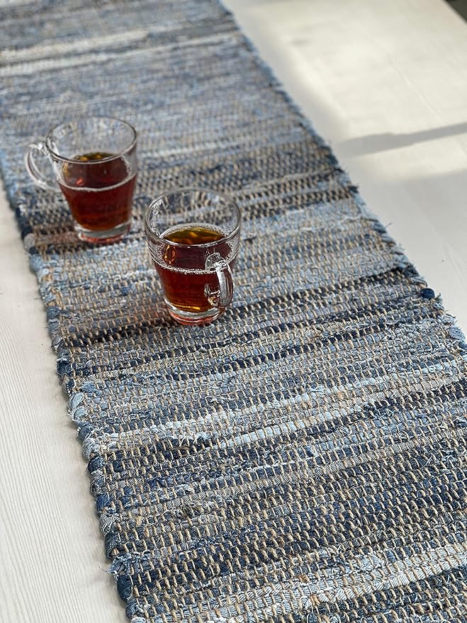 Chardin Home 14x72 Inch Handcrafted Table Runner – Natural Jute and Denim Chindi – Rustic Boho Farmhouse Table Decor – Sustainable Dining Table Accent for Everyday or Special Occasions