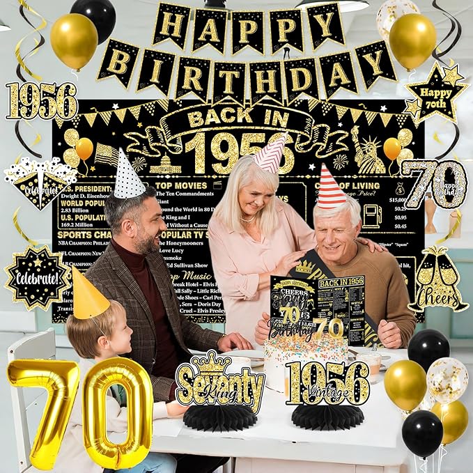 70th Birthday Decorations for Men, Black Gold Back in 1956 Party Supplies with Banner, Backdrop, Sash, Balloons, Cake Topper, Honeycomb Centerpieces, Happy 70th Birthday Party Decorations Kit