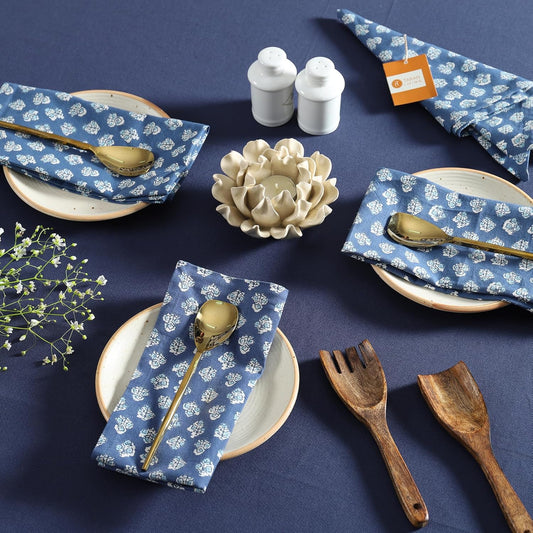 TARAN LIVING Cotton Cloth Napkins Natural Reusable Fall Dinner Napkins Reusable Machine Washable Fabric for Events, Gift, Home Decor - Indigo Blue (Pack of 4), 18x18 Inches