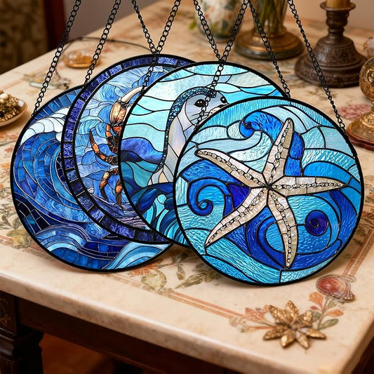Stained Glass Window Hanging 4 Pcs Set Blue Ocean Waves Large 11.8" - Starfish Crab Seal Suncatcher Door Garden Sun Catcher Decor Birthday for Mom Woman Nana Men Friend