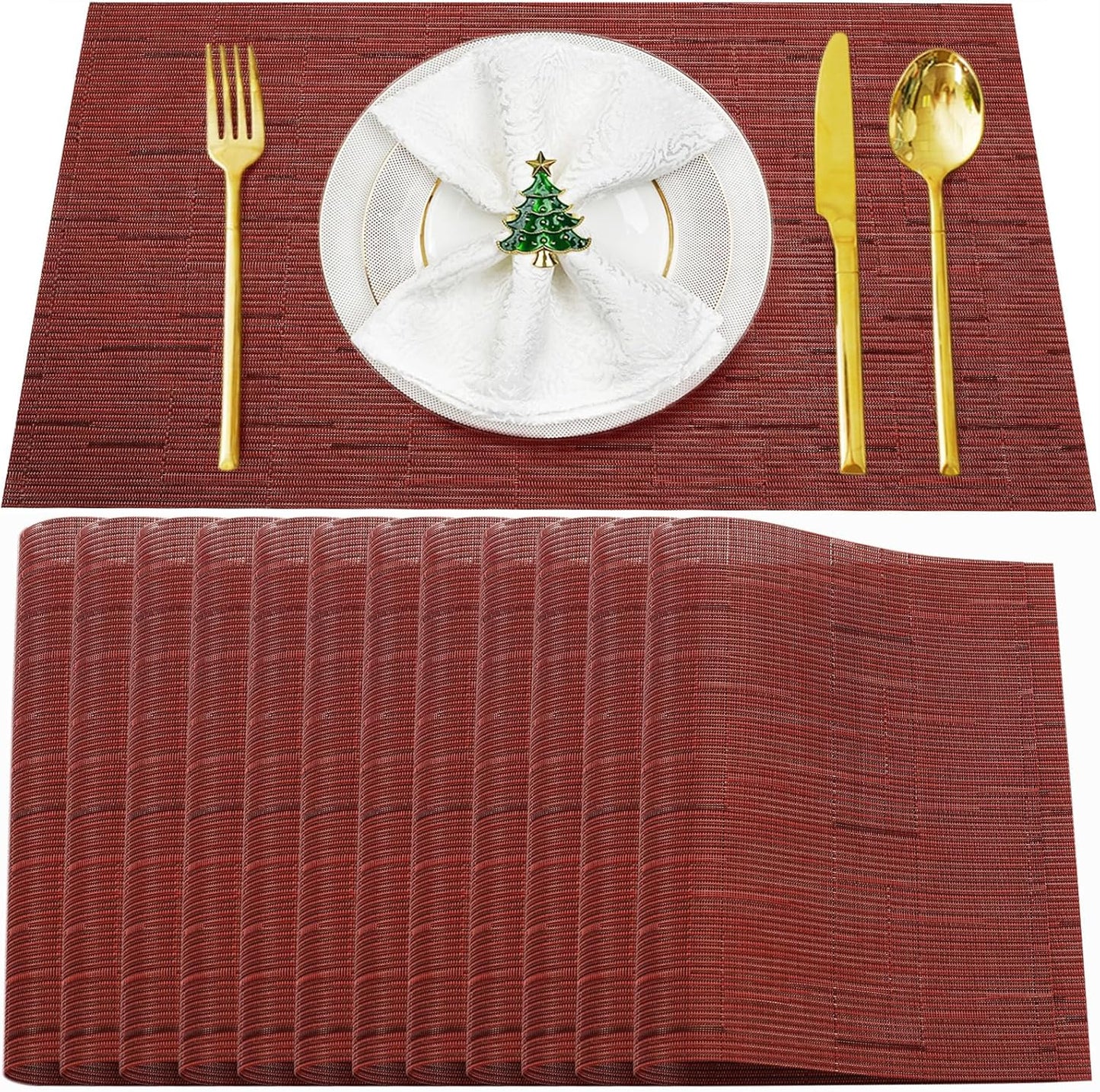 Placemats Set of 12,Washable,Heat and Stain Resistant Indoor/Outdoor Place mats,Vinyl Woven Non Slip Table Mats for Restaurant Table Protection,PVC Placemats(Red,12PCS)