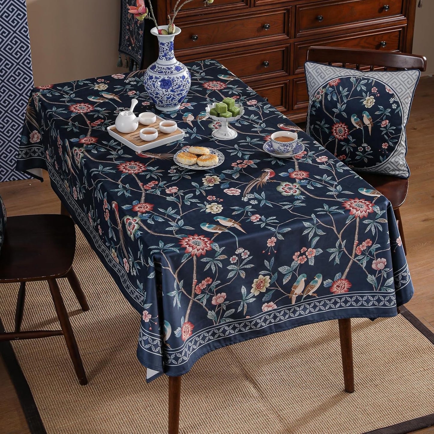 patdrea Designer Dark Blue Linen Rectangular Tablecloth,Vintage Navy French Floral and Birds Pattern Table Cloth,Decoration Table Cover for Kitchen,Dining,Tea Party,Home,Christmas,67"*118"