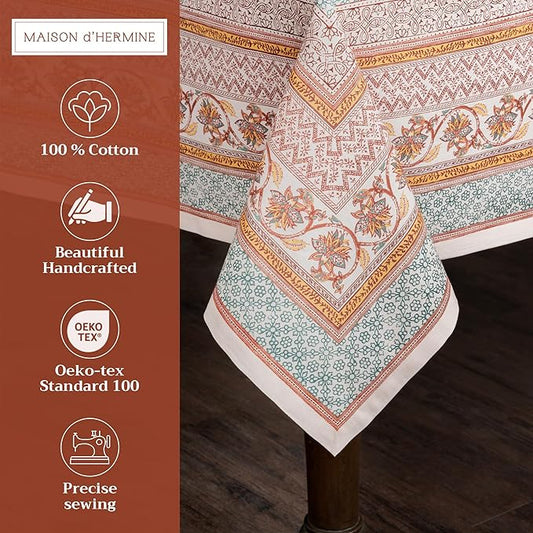 Maison d' Hermine Table Cloth Rectangle Table 100% Cotton 70 x 120 Inches Fall Tablecloth Reusable Everyday Use for Thanksgiving Christmas Decorations Dining Farmhouse Party (Nila)