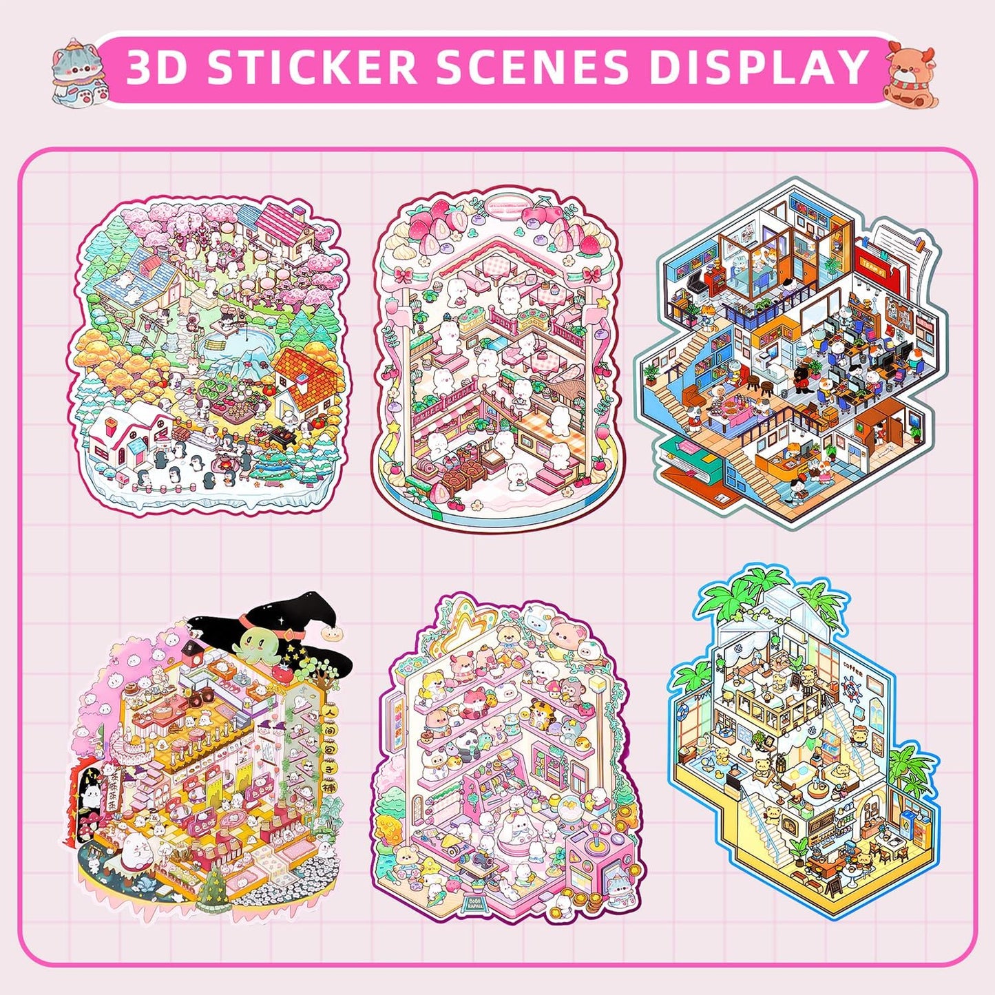 DIY Sticker Scenes for Adults Kids, Sticker Therapy Collection Book Stress Relief Pass The Time,Large Size Make Your Own House Miniature Cute Cartoon Animal Isometric Scene