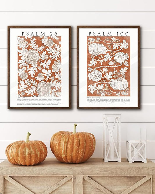 EcoHest Christian Bible Verse Framed Wall Art, 12x16 in Walnut Color OAK Wood A Psalm of David Canvas Wall Art, Psalm 23 Orange Faith Home Decor, Thanksgiving Scripture 1Pack for Bedroom Living Room