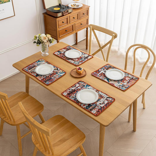 Boho Embroidery Table Runner Accessories Set of 6 Geometry Fall Kitchen Dining Table Decoration for Home Party Decor 13x18inch