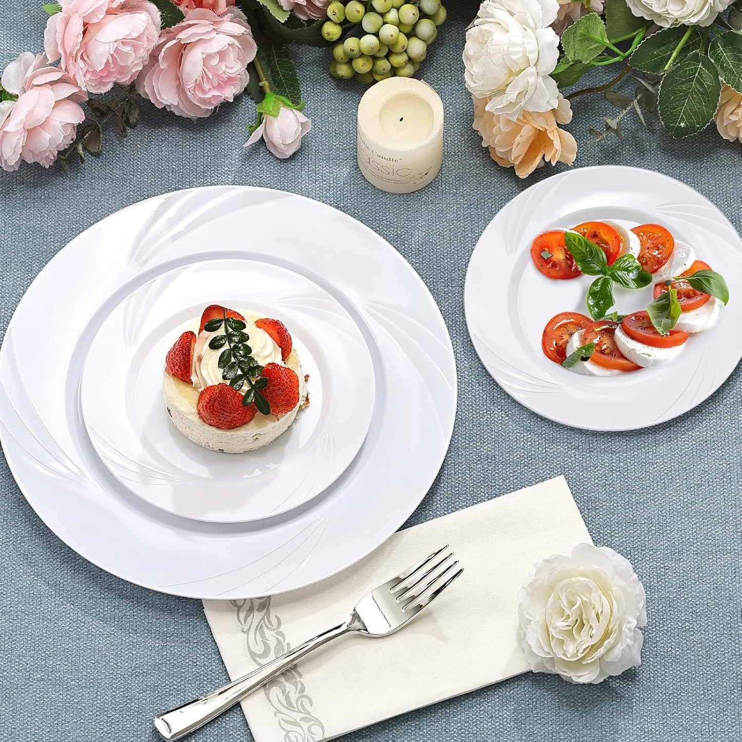 350-Piece White Swirls Plastic Dinnerware Set for 50 Guests, Elegant Disposable Dinnerware for Party, Wedding. Includes 10.25" Dinner Plates, 6.5" Dessert Plates, Silverware, Napkins, Cups