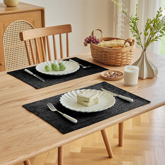 Softalker Faux Linen Placemats Set of 4-12 x 18 Inch, Heat Resistant Double Layered Durable Burlap Farmhouse Place Mats, Non-Slip Washable Rustic Table Mats for Dining, Kitchen, Party(Black
