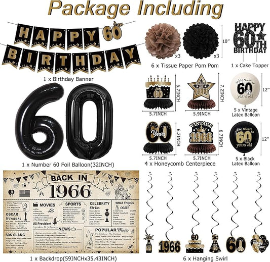 DARUNAXY 60th Birthday Party Decorations for Men Women, Vintage Back in 1966 Banner, Black 60 Number Balloons & Cake Topper, Vintage 1966 60 Birthday Honeycomb Hanging Swirl Confetti Balloons(30PC)