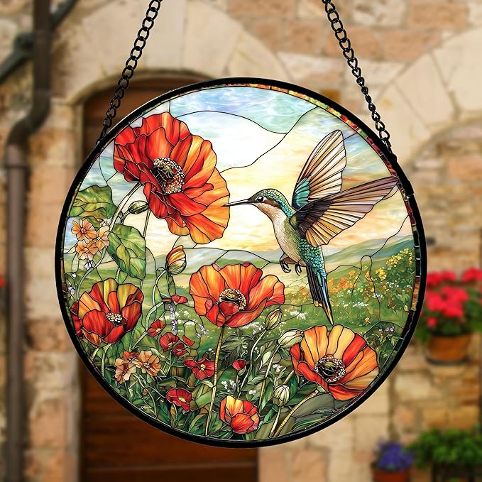 Stained Glass Window Hanging, Hummingbirds Orange Flowers Suncatcher Diamond Glass Panel Hangings Sun Catchers Decor for Birthday for Women, Men, Wife, Aunt, and Mom 9.8 in