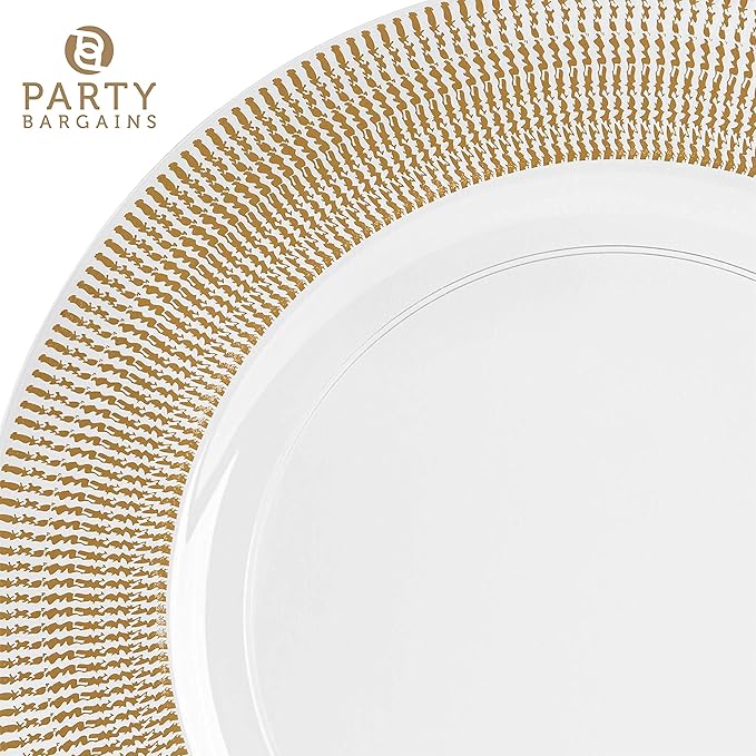 PARTY BARGAINS 13-Inch Charger Plates - 96 Pack, Clear Gold Textured Rim, Heavy-Duty Disposable Chargers for Elegant Dining - Ideal for Weddings and Formal Events