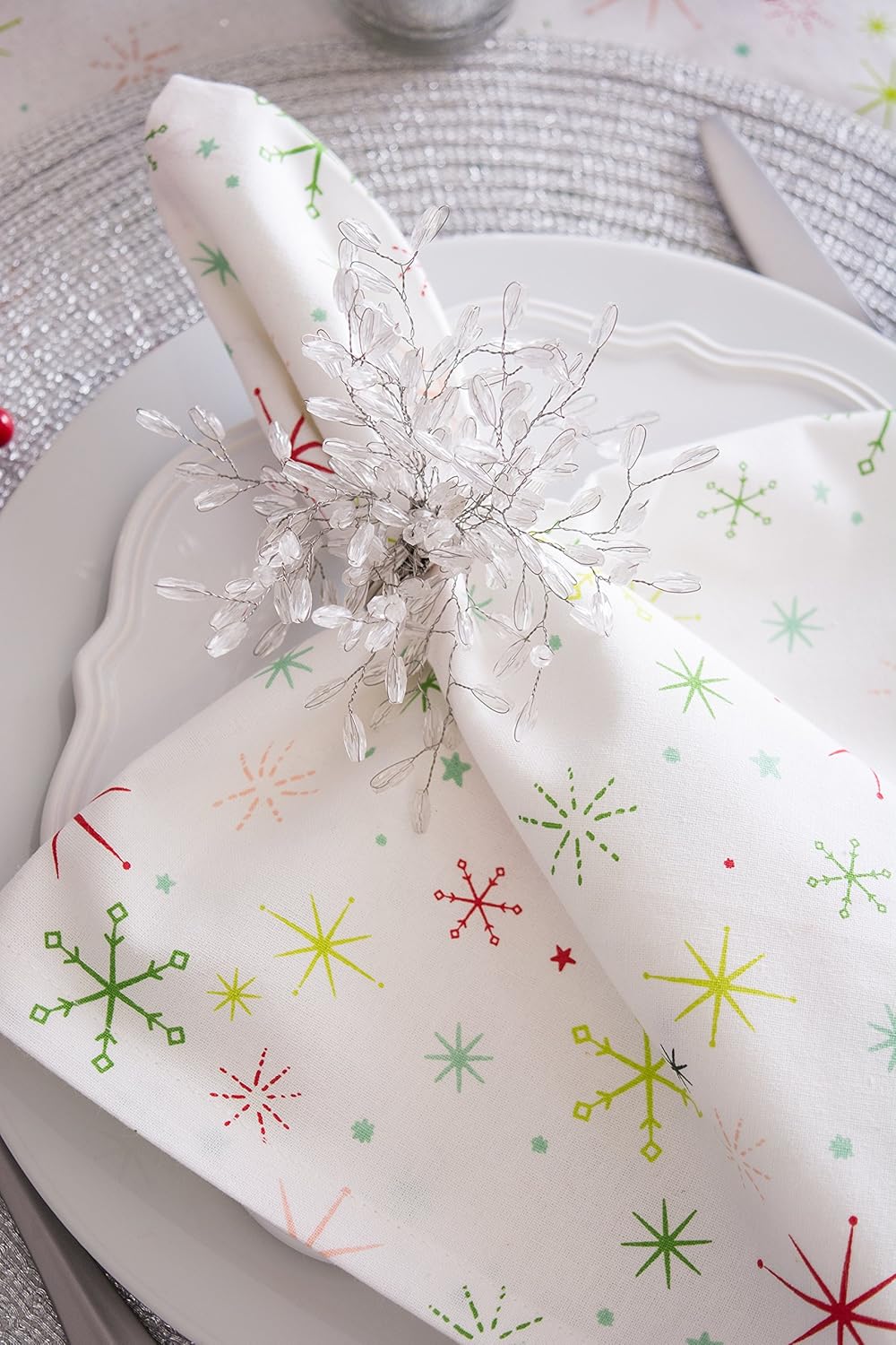 DII Christmas Thanksgiving Holiday Tabletop Décor Collection Decorative Napkin Ring Holder Set, 4" Diameter, Silver Beaded Starburst, 6 Piece