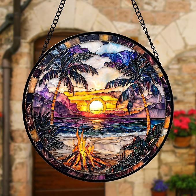 Stained Glass Window Hanging,Bonfire Beach Landscape Suncatcher Diamond Glass Panel Sun Catchers Decor for Birthday for Women, Men, Wife, Aunt, and Mom 7.8 in