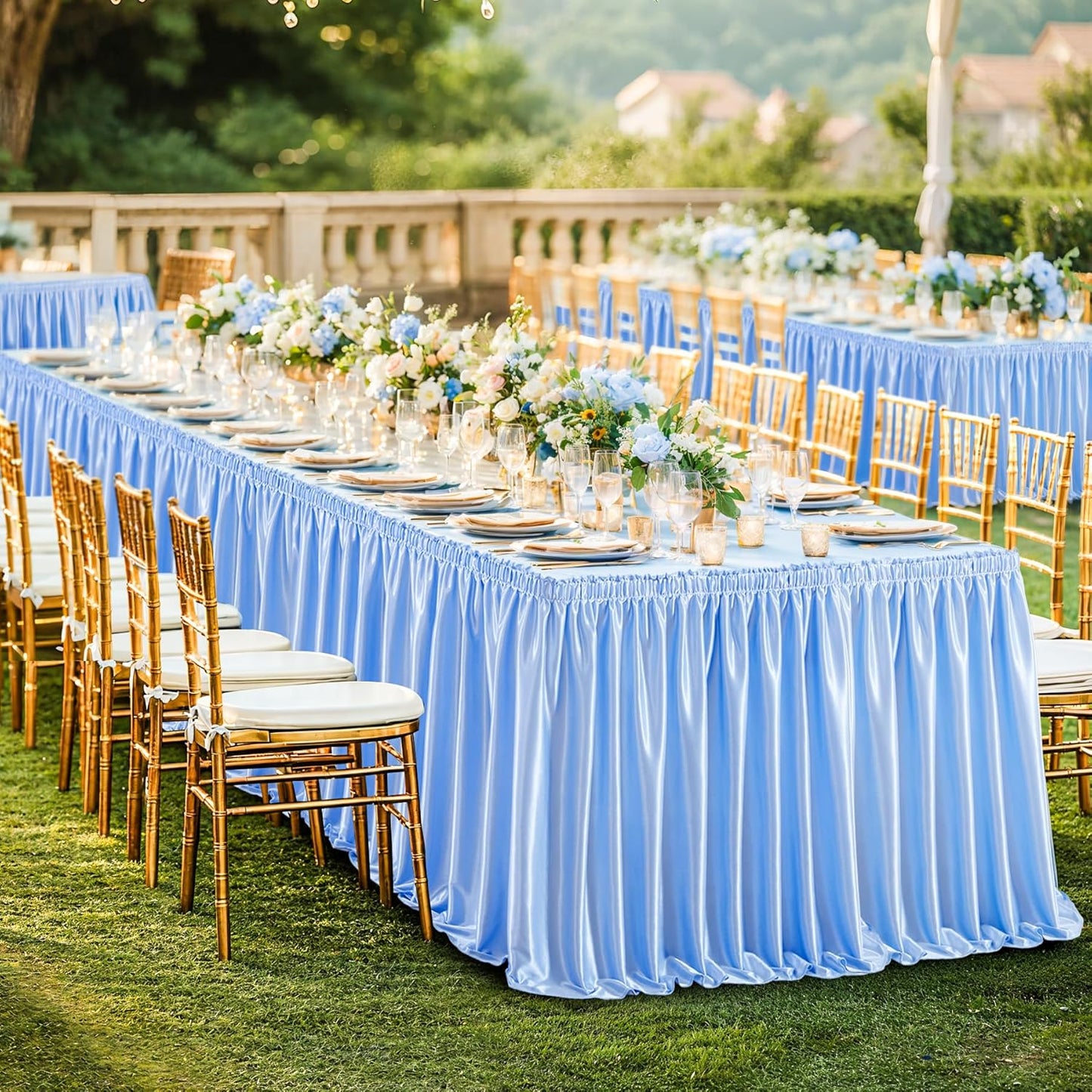 Wish Care 17ft Baby Blue Satin Table Skirt for Rectangle Tables Wrinkle Free Glitter Desk Skirt Pleated Ruffle Table Cloth for Baby Shower Gender Reveal Birthday Shark Theme Party Table Skirting Decor