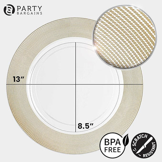 PARTY BARGAINS 13-Inch Charger Plates - 48 Pack, Clear Gold Rope Textured Rim, Heavy-Duty Disposable Chargers for Elegant Dining - Ideal for Weddings and Formal Events