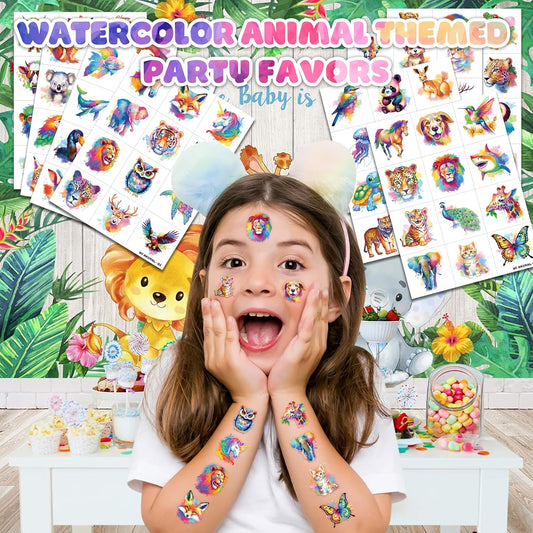 96 PCS Watercolor Animal Pre-Cut Temporary Tattoos for Kids | Super Cute Themed Birthday Party Favors, Supplies, Decorations, Animal Fake Tattoo Stickers, School Rewards Prizes & Gifts Boys & Girls
