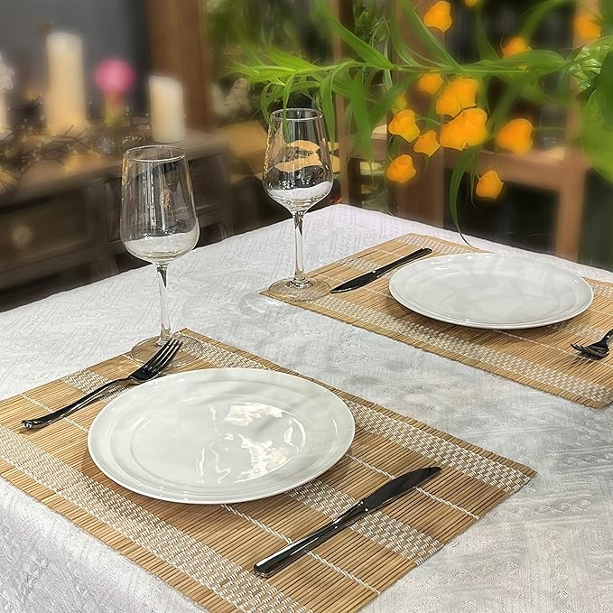 ANDSTAR Bamboo Placemats Set of 8, 17.7x11.8 Inch Brown with White Thread - Non-Slip & Heat Resistant, Easy Clean Woven Table Mats for Dining Room, Kitchen or Home Decor