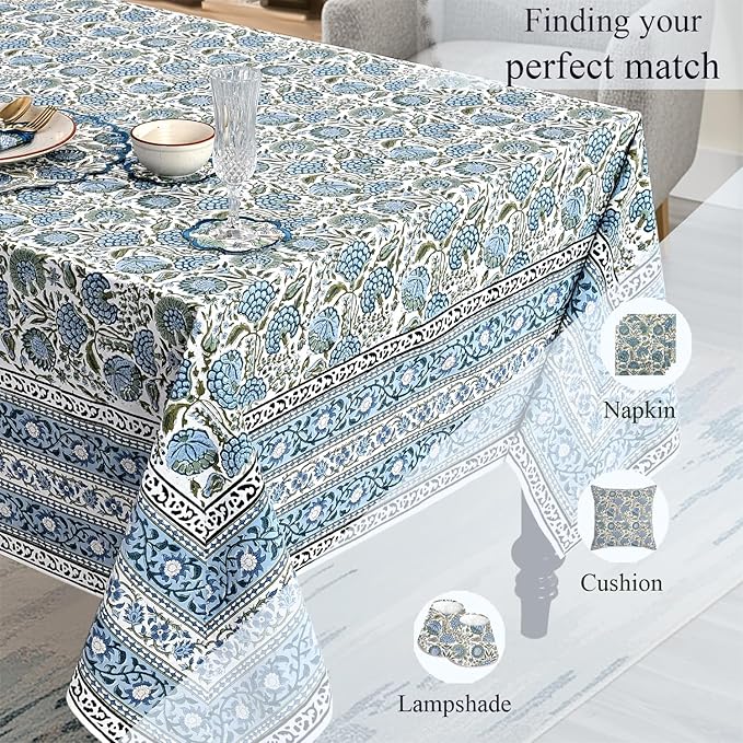 Ridhi Hand Block Print Asparagus Green Rectangle Cotton Tablecloth 102" x 48" Reusable Table Cover Decorative Everyday Use for Dining, Farmhouse, Home Gift for Spring, Easter, Valentine