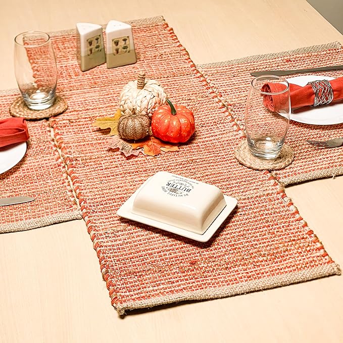 Chardin home Natural Jute Table Runner 13x36 Inch – Vintage Boho Rustic Table Decor – Handwoven Table Runner in Natural Jute and Rust Orange – Farmhouse Thanksgiving tablerunner