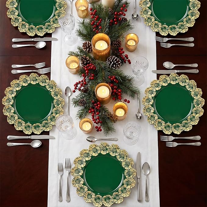 Green Charger Plates with Flower Rim, 13" Round Charger for Dinner Plates, Set of 6 Plastic Plate Chargers for Halloween, Thanksgivng, Christmas.