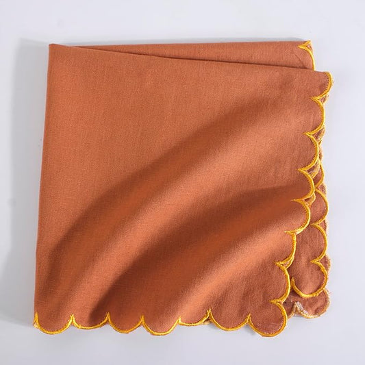 FINGERCRAFT Cloth Napkins, Everyday Use Reversible Scallop Design, Premium Quality Cotton Linen Blend Napkin Set of 6 Perfect for Parties Dinners Weddings Christmas Napkin Cloth 20x20 Inch Rust