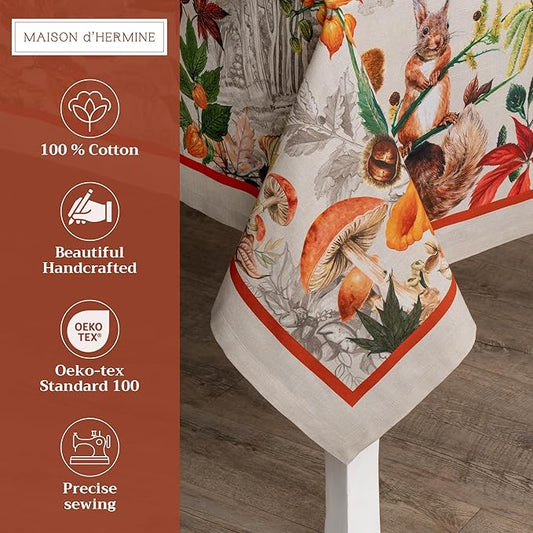 Maison d' Hermine Table Cloth Rectangle Table 100% Cotton 70 x 140 Inches Fall Tablecloth Reusable Everyday Use for Thanksgiving Christmas Decorations Dining Farmhouse Party (Recolte)