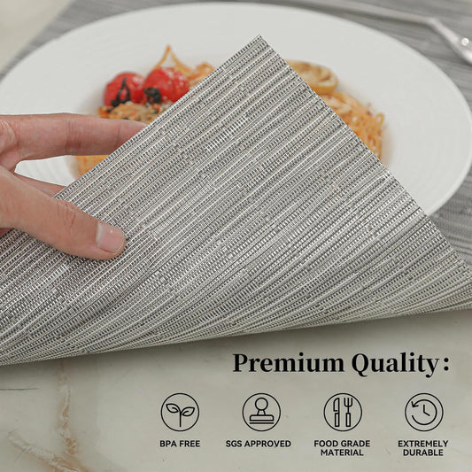 Leetaltree Silver Placemats Set of 8 - Heat Resistant Non-Slip Place mats for Dining Table, Washable Durable PVC Vinyl Woven Table Mats(Silver, 8)