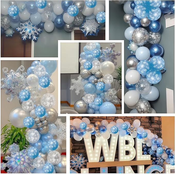 Snowflake Balloons Winter Blue White Silver Balloons Metallic Pearl Blue Silver White Snowflake Balloon Set for Princess Snow Wonderland Ice Christmas Birthday Baby Shower Wedding Party Decorations