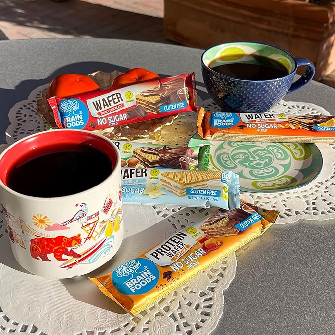 BRAIN FOODS Gluten Free Vegan Double Chocolate Wafers - 12 Bars, No Sugar Added, High Fiber, No Palm Oil, 1.4 oz, 170 Calories, Guilt Free Snack, Natural Chocolate Flavor
