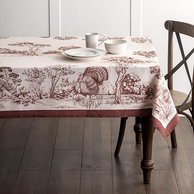 Maison d' Hermine Table Cloth Rectangle Table 100% Cotton 60 x 90 Inches Fall Tablecloth Reusable Everyday Use for Thanksgiving Christmas Decorations Dining Farmhouse Party (Holy Jouy - Brown)