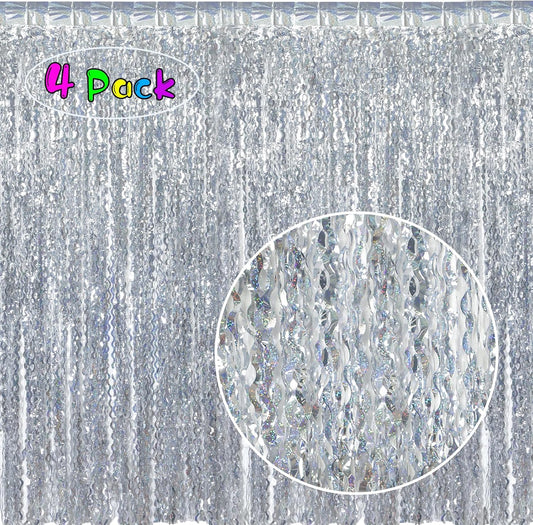 4 Pack 3.3 ft x 6.6 ft Silver Metallic Tinsel Foil Fringe Curtains - Door Streamers for Photo Booth Christmas Day Thanksgiving Wedding New Year Party Decorations