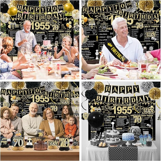 70th Birthday Decorations for Men, Black Gold Back In 1955 Birthday Banner Decorations, Vintage 70th Birthday Table Decorations, Cake Topper, Balloons, Backdrop, Sash Party Supplies for Men