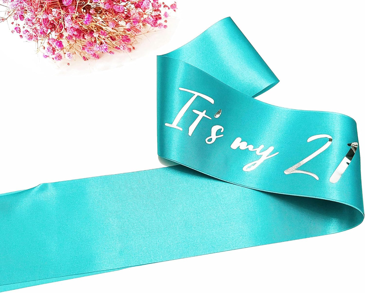 21st Birthday Sash, Blue Green Satin Soft Sashes with Silver Foil Letter, Birthday Decorations for Girls, Happy 21st Birthday Party Favor Supplies,Blue Green