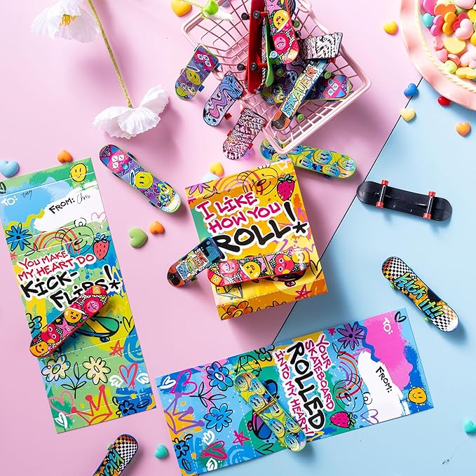 JOYIN 28 Pcs Valentines Day Finger Skateboards with Cards for Kids, Valentine Party Favor, Greeting Cards, Classroom Exchange Prizes, Holiday Reward Gifts, Finger Skateboard Toys