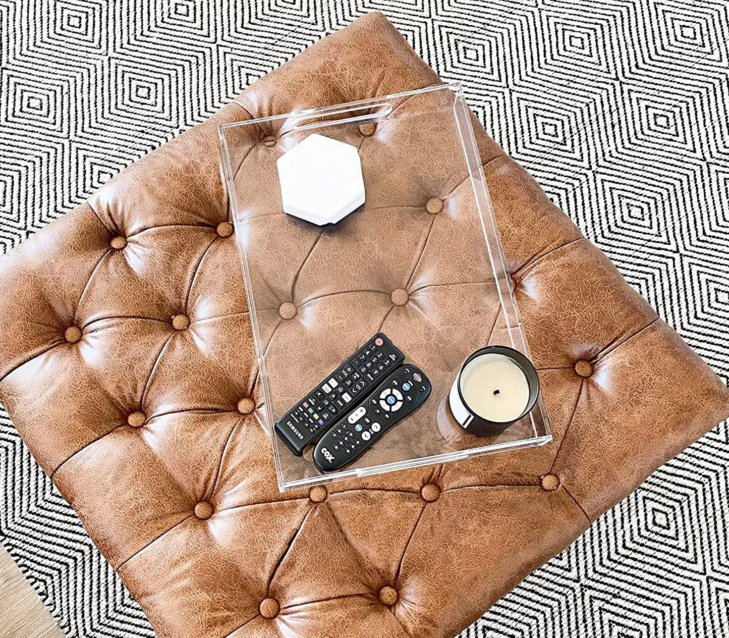 Durable Rectangular Breakfast Serving Tray - 5MM Thick Waterproof Acrylic Serving Platter with Handles for Coffee, Tea, Food - Elegant Decorative Tray (Clear Tray-16''x12'')